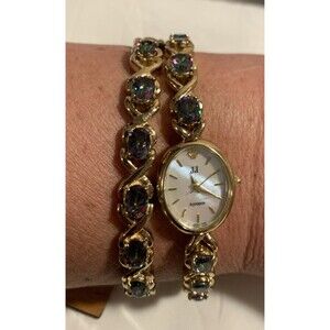 Jules Jurgenson Mystic Topaz Mother of Pearl Women’s Watch & Bracelet Gold Tone